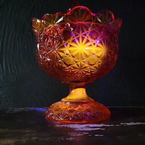 Vtg LG Wright Glass Amberina Daisy and Button Compote/ Candy Dish w/ Lid *Chips